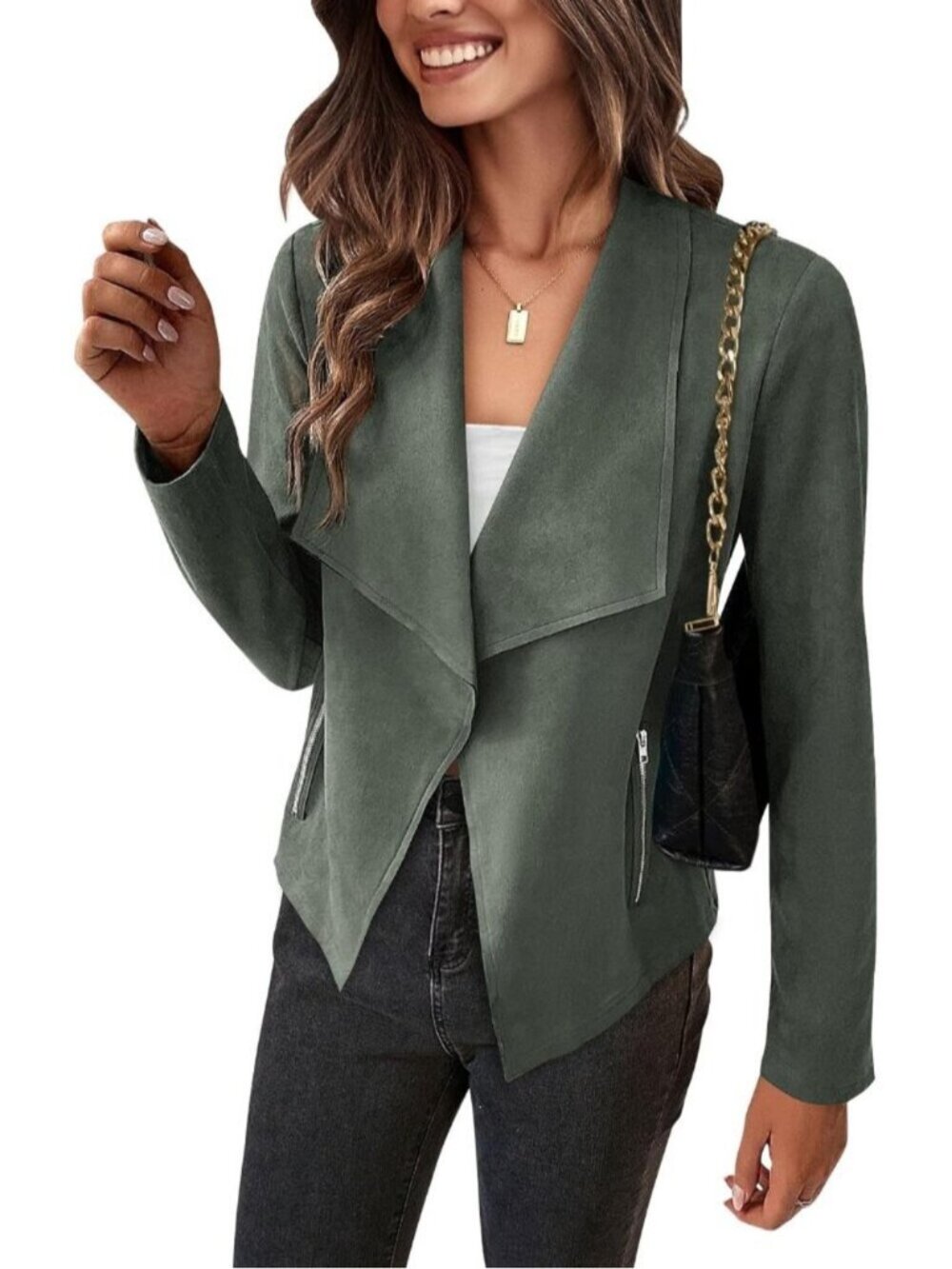 Women's Light Green Suede Open Front Waterfall Collar Long Sleeve Draped Jacket
